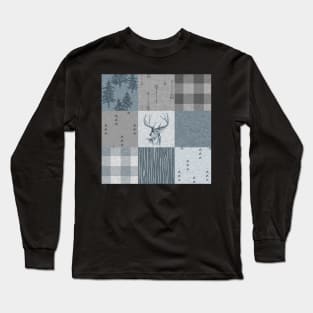 Deer Patchwork - Rustic Blue And grey Long Sleeve T-Shirt
